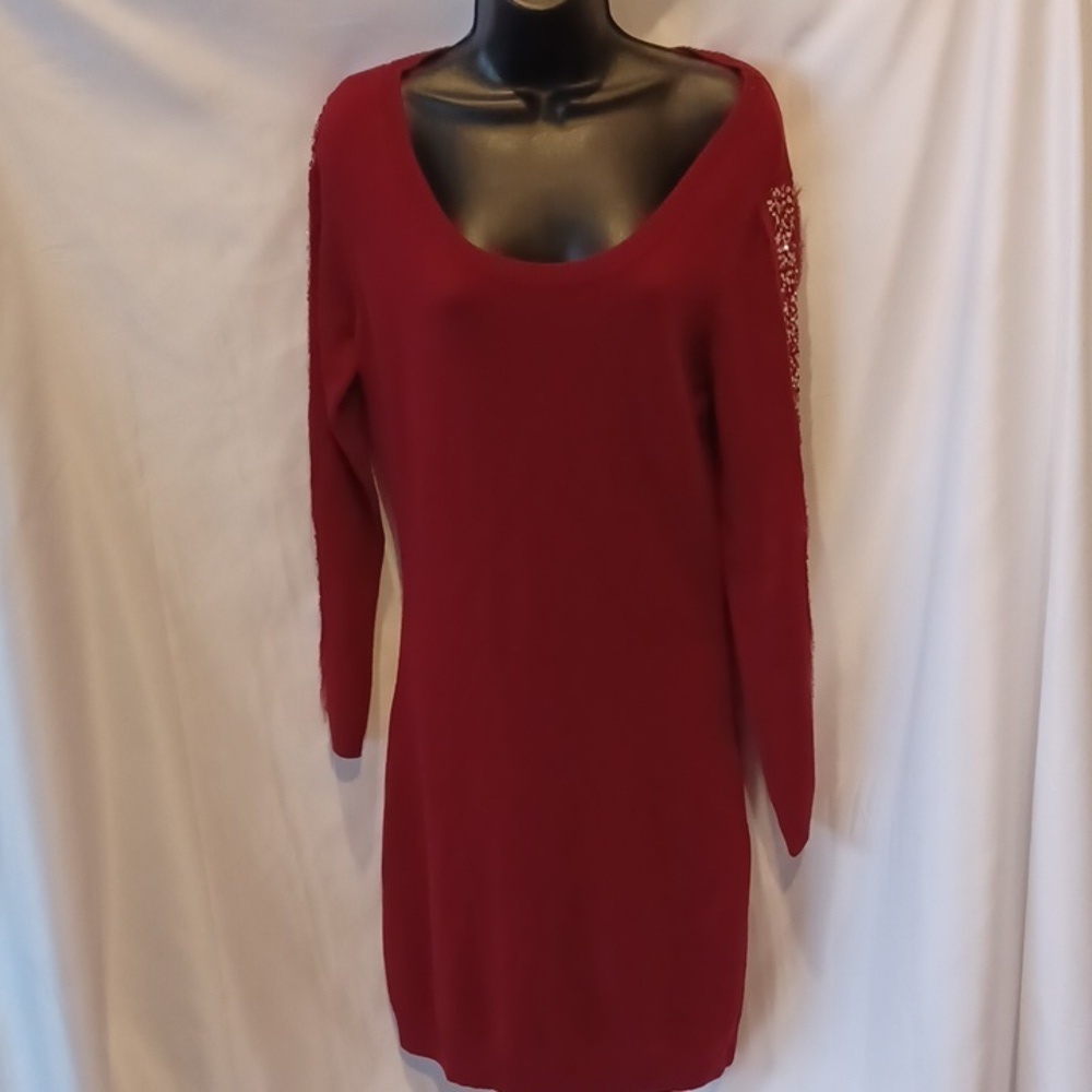 Andrew Marc Red Sequin Bead Long Sleeve Scoopneck Sheath Sweater Dress